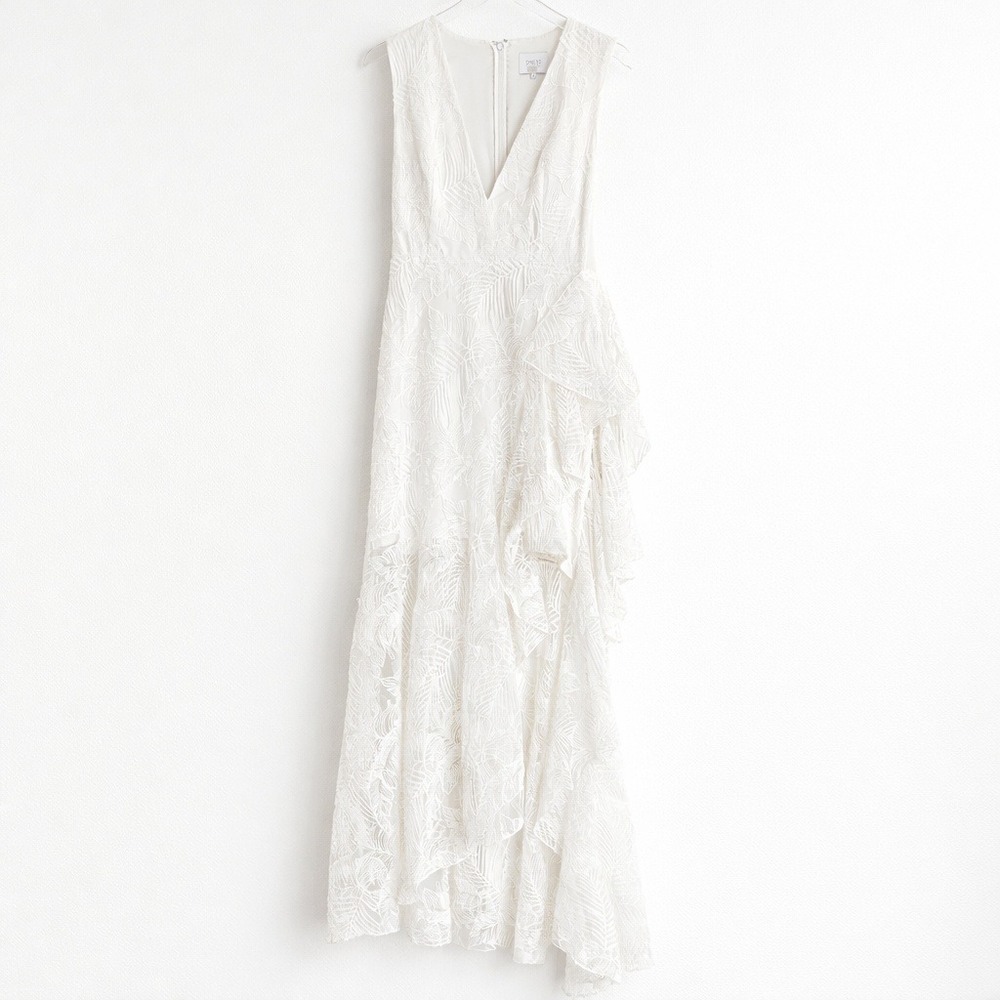 ONE33 Social White Lace Ruffle Midi Dress Size 4 High-Low‎ Formal Bridal Party